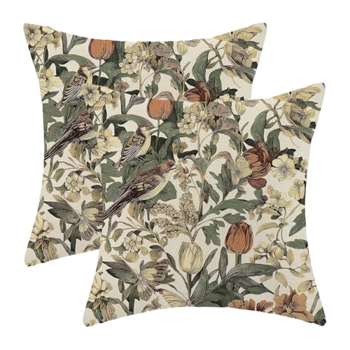 Chinoiserie Pillow Covers 16x16 Set of 2, Spring Floral Bird Tulip Throw Pillow Covers Linen Vintage Farmhouse Flowers Outdoor Pillowcase Home Decor for Couch Sofa - color: Chinoiserie-3, size: 16" x 16" (Pack of 1)