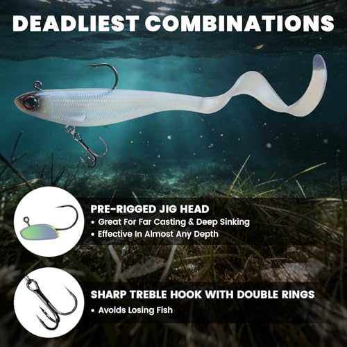 Pre-Rigged Soft Fishing Lures with Weedless Hook, Lifelike Paddle Tail Swimbaits for Bass Fishing, Freshwater & Saltwater Curly Type Tail Soft Plastic Baits for Bass, Pike, Trout, and Walleye. - color: B-2.5"-0.19oz