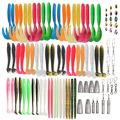 Fishing Lures Soft Bionic Bait 93PCS Set with Paddle Tail Swimbaits Worms Fishing Swivels & Snaps Weights Beads for Bass Fishing
