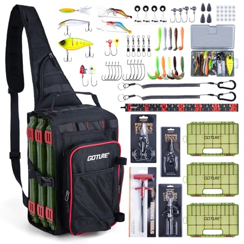Goture OpenSide Tactical Sling Tackle Bag with 3 Tackle Trays and Fishing Tools, Lightweight Fishing Backpack Storage Gear - Black Bag, Gift for Men - color: Black, size: Small bag with 3600 trays, style: Bag + Fishing Boxes(handle) + Black Fishing Tools