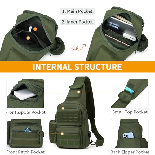 HUNTVP Tactical Sling Bag Crossbody Bag for Men Women EDC Shoulder Bags Molle Sling Backpack Chest Pack for Hiking Hunting Travelling Camping (Type3-Army Green) - color: Type3-army Green