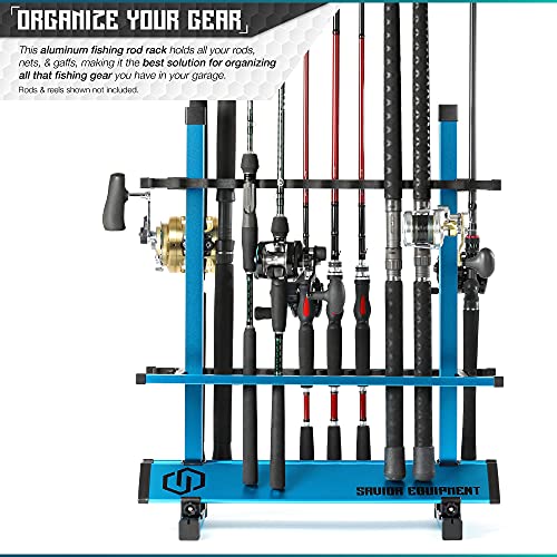 Savior Equipment Fishing Rod Rack Holder Organizer, 24-48 Slots to Hold Fresh Salt Water Spinning Rods & Reel Combo, Lightweight Aluminum Vertical Fish Pole Garage Storage Ground Display Stand - color: Ocean Blue, size: 24-Slots