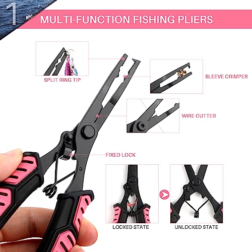 mouhike Fishing Pliers Fish Lip Gripper Fishing Tool Kit Muti-Function Saltwater Fishing Line Cutter Hook Remover with Sheath Lanyard, Fly Ice Fishing Gear Fishing Gifts for Men Women - color: Pink & Black