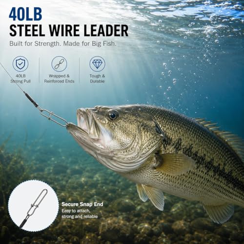 Stainless Steel Fishing Wire Leaders, Black Coated & Uncoated Options, Heavy Strength 31–100LB, 6–21in Multi Sizes with Rolling Swivels Snaps for Salt Fresh Water Shark Pike Barracuda - color: 40pcs-11.81in(70LB)