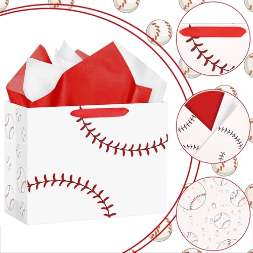 Hooqict Baseball Gift Bag Baseball Birthday Party Gift Wrapping Bag with Handles, Tissue Paper, Greeting Card for Kids Boys Men Sport Themed Birthday Party Favors Supplies - color: White Baseball