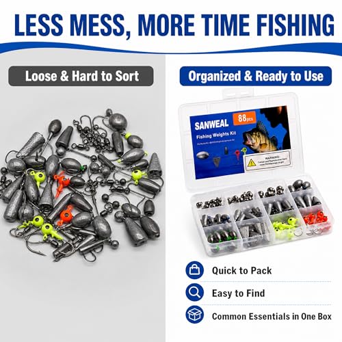 SANWEAL Fishing Weights Sinkers Kit, 88PCS Freshwater Fishing Tackle Starter Kit with Bullet Sinkers, Split Shot Weights, Pyramid Sinkers, Jig Head Hooks & Swivels for Bass Trout Panfish - style: Pro Kit 88 Pcs/15 Types