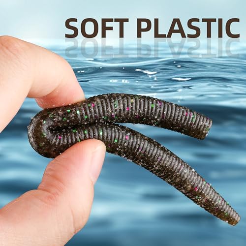 Soft Fishing Worm 100PCS, 3/4/5/6" Mega Value Pack Senko Style Soft Lures for Bass, Plastic Worm Stick Baits, Multicolor, Cost-Effective Fishing Gift - color: Black Blue Flake, size: 6"