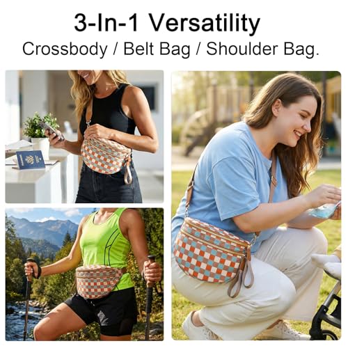 Crossbody Bags for Women, Spacious Nylon Belt Purse Fanny Packs, Crescent Oversized Checkered Bum Bag (Checkered - Brown Blue) - color: Checkered - Brown Blue
