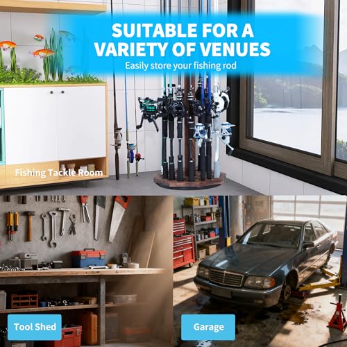 360° Rotating Natural Wood Fishing Rod Holder, Round Floor-Standing Fishing Rack Stores 16 Rods, Fishing Pole Storage Organizer for Garage, Basement, or Shed, Easy to Install - size: Round