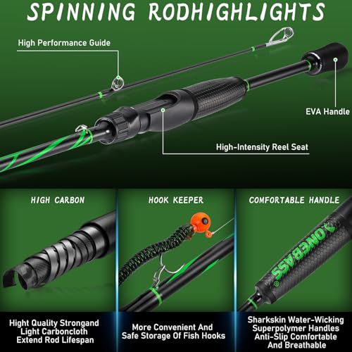 One Bass Fishing Rod Reel Combos, Spinning & Casting Combo, Graphite 2Pc Blanks, Stainless-Steel Guides, Super Polymer Handle - color: Spinning Combo-2 PACK, size: 7'0"