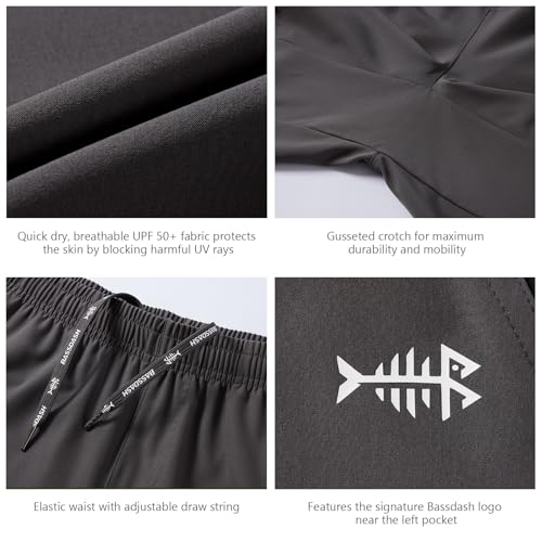 BASSDASH Men’s 7” Fishing Shorts UPF 50+ Lightweight Water Resistant Quick Dry for Hiking with Zipper Pocket FP06M - color: Dark Grey/Splash Black, size: Small