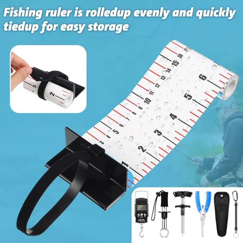 VioraWhite 7 Pcs Fishing Gear and Equipment Tools Accessories Kit with 47 in Fishing Ruler Stainless Steel Pliers, Fish Handle, T-Shaped Hook Remover, Electronic Scale, Lanyard, and Black Storage Bag