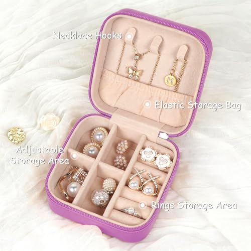 MFXIP Travel Jewelry Case Small Jewelry Box Jewelry Organizer Storage Case Portable PU Leather Mini Jewelry Travel Case for Girls Womens Earring, Necklace, Rings,Bracelets - color: Dark Purple
