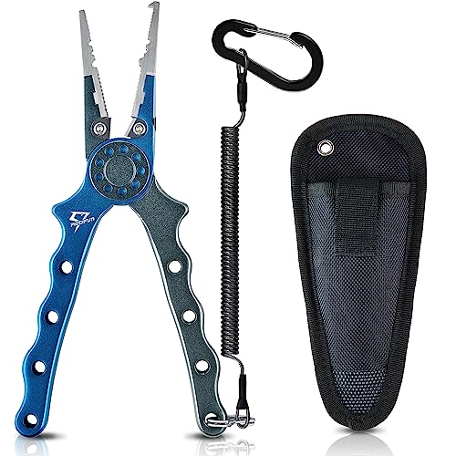 Piscifun Saltwater Fishing Pliers, Aluminum, Split Ring, Braid Cutter | Hook remover, tungsten carbide blade, spring-loaded jaws, ergonomic grip, sheath and lanyard - color: Blue, style: Nylon Sheath