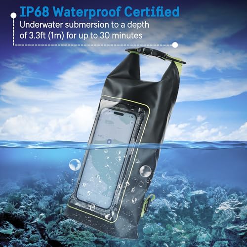 Pelican Marine IP68 Waterproof Dry Bag 2L w/Phone Pouch/Case - Black/Yellow | Roll Top Waterproof Backpack with Touchscreen Phone Pouch - Swimming, Kayaking, Camping, Rafting, Fishing & Travel Essentials - color: Black/Yellow - 2L, size: 2L