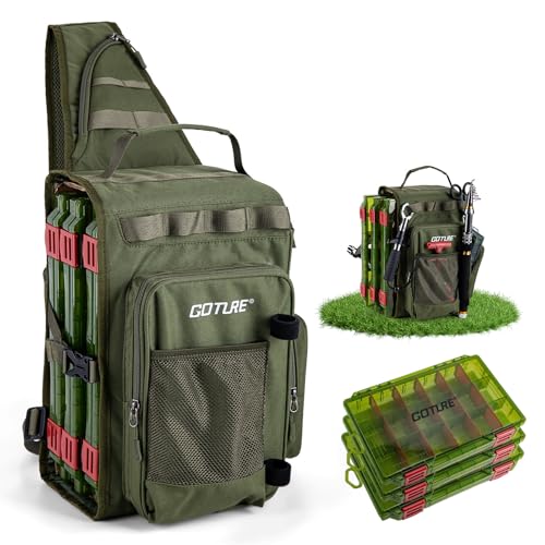 Goture OpenSide Fishing Sling Tackle Storage Bag with 3 Tackle Boxes, Lightweight Fishing Backpack Storge Gear - Green Bag Outdoor,Gift for men - color: Green, size: Small bag with 3600 trays, style: Bag + Fishing Boxes