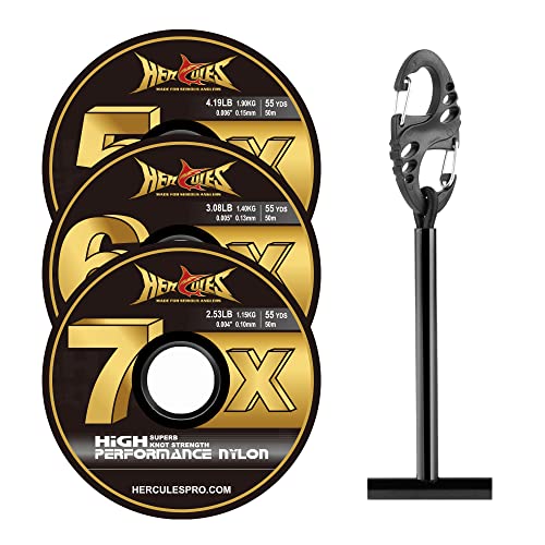 HERCULES Fly Fishing Tippet 3 Pack with Fly Tippet Holder, 55 Yards - color: Clear nylon tippet 3pcs with tippet bar, size: 5X6X7X - 55YDS