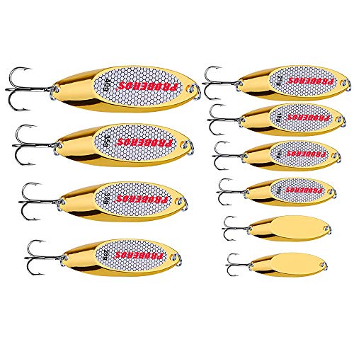 PROBEROS Fishing Spoons Lures Bass Baits Jigging Bait Tackle with Treble Hooks Hard Metal Spoon Fishing Lure Weight Pick 10 Pcs/Pack Silver Gold - color: 10PCS Gold, size: 3/7/10/14/18/21/28/32/35/40G-Mix 10PCS