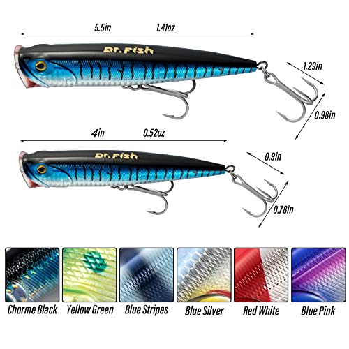 Dr.Fish Popper Saltwater Fishing Lures, 4/5.5 Inches GT Popper VMC Treble Hooks Surf Fishing Lures for Bass Striper Pike Salmon Offshore - color: Blue Mackerel-1 Pack, size: 5.5"