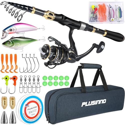 PLUSINNO Fishing Rod and Reel Combo, Telescopic Fishing Pole Kit with Spinning Reel, Tackle Box, Fishing Lures and Travel Carrying Bag, Fishing Gear Gifts for Men - color: Full Kit with Carrier Case, size: 2.1M 6.89FT