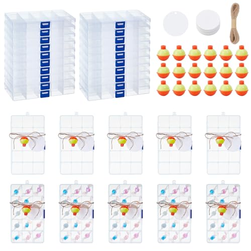 30 Sets Fishing Party Favors Candy Little Tackle Boxes with 30 Fishing Bobber 30 Blank Cards 20M Jute Twine Fishing Party Decorations Gone Fishing Theme Supplies (Removable Partition) - style: 15 Compartments (Removable)