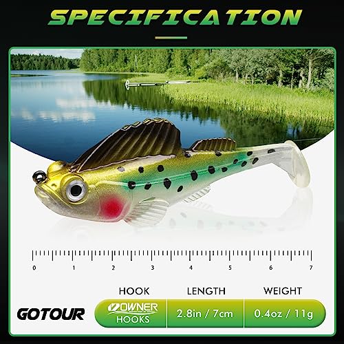 GOTOUR Pre-Rigged Soft Fishing Lures with Weedless Hook, Lifelike Paddle Tail Swimbaits for Bass Fishing, Freshwater & Saltwater Fishing Bait, Fishing Tackle for Bass, Pike, Trout, and Walleye - color: A1-2.8"-0.4oz