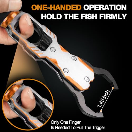 Ghosthorn 11" Aluminum Alloy Fish Lip Gripper with Scale - 40lbs Saltwater Fishing Grabber Tool, 360° Swivel Non-Slip Handle, Corrosion-Resistant Fish Holder for Caught Fish, Fish Control Tackle - color: Orange