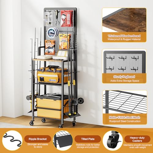 Olakee Fishing Rod Holders, Rolling Fishing Rod Rack for Garage & Boat, Tackle Box & Reel Holder Cart, Easy Assembly Fishing Gear Management System, Ideal Birthday Gift for Men Dad Anglers - color: 8 Rods,Brown