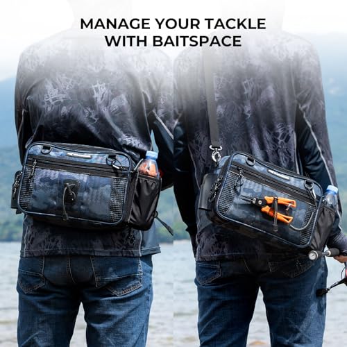 KastKing BaitSpace Waist Bag – Waterproof Tackle Storage Bag With Adjustable Belt, Fishing Fanny Pack for Men, Soft Bait Organizer, 3600 Utility Box, Rod Holder, Nylon - color: Blue Camo