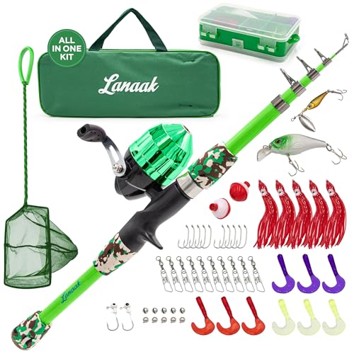 Lanaak Kids Fishing Pole, Kids Portable Telescopic Fishing Rod Set, Tackle Box and Fishing Net Combo Kit, Kids Fishing Gear for Boys and Girls Age 5-10 and Youth - color: Green, size: 1.5m or 4.9 FT