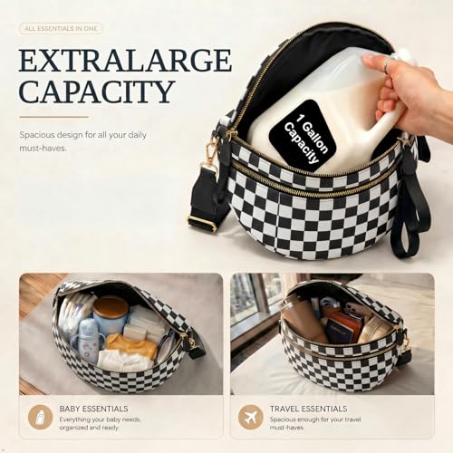 Womens Crossbody Bag, Spacious Nylon Bum Bag Trendy Shoulder Purse with Adjustable Strap Zipped Travel Essentials - color: 51a-black