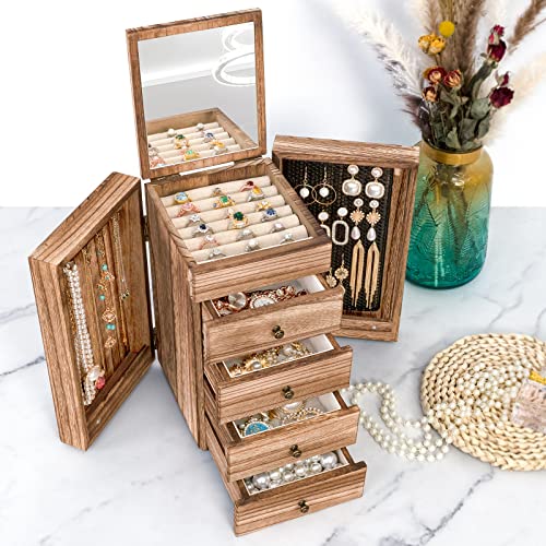 Meangood Jewelry Box Wood for Women, 5-Layer Large Organizer Box with Mirror & 4 Drawers for Rings, Earrings, Necklaces, Vintage Style, Torched Wood - color: 5 Layer Carbonized Black, size: 5 Layer