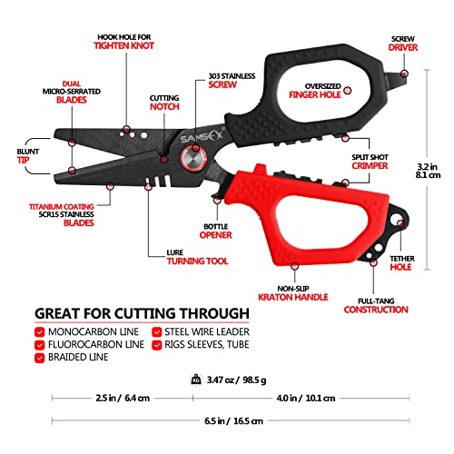 SAMSFX 6.5" Pro Fishing Shears Dual Serrated Blades, Fishing Braided Line Scissors with Titanium Coating, Non-Slip Grip & Multifunction Tool, Includes Hard Molded Locking Sheath & Coiled Lanyard - color: A: Red & Black Kraton Handle, Hard Sheath