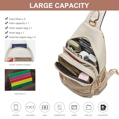 cakang Womens Sling Bag Crossbody Bags for Women Vegan Leather Sling Backpack Daypack Fanny Pack Crossbody Purse Travel - color: 8-rainbow Weaving-white