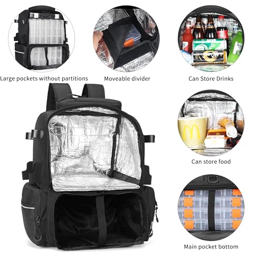 Rabjen Fishing Tackle Backpack, 45L Storage Waterproof Travel Bag Store Fishing Gear with Insulated Top Pocket - color: Black, style: Standard Size 4 Tackle Boxes Included 900d Nylon