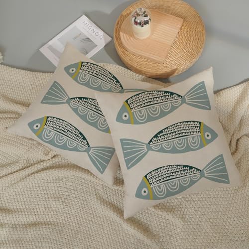 Coastal Pillow Covers 16x16 Inch 2 Pcs Blue Fish Ocean Beach Summer Outdoor Decor Throw Pillows Boho Nautical Farmhouse Holiday Decoration Pillowcase Linen Cushion Cover for Couch Sofa Bed - color: Blue Fish, size: 16" x 16" (Pack of 2)