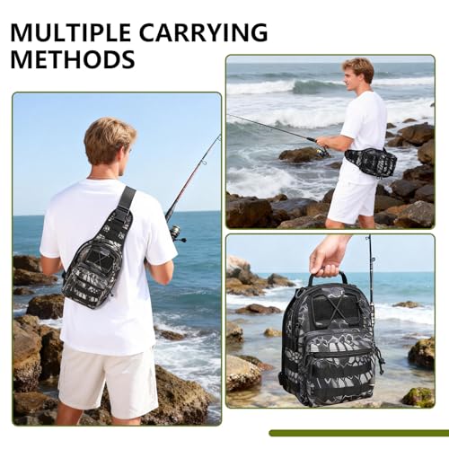 Fishing Backpack Small Fishing Tackle Storage Bag with 3 Methods of Carrying Large Capacity Sling Backpack for Outdoor Hiking Travel Hunting (Pythonskin Black) - color: Pythonskin Black
