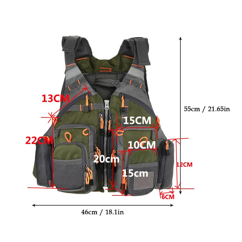 JKSPORTS Fly Fishing Vest - Fishing Safety Life Jacket for Swimming, Sailing, Boating, Kayak - Floating Multifunction Breathable Backpack for Men and Women - Adjustable, Grey/Green/Red/Blue - color: Green camouflage, size: without foam