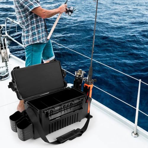 2 Tier Fishing Tackle Box Fishing Rod Reel Box with Cup & Rod Holder Fishing Gear Carry On Case Adjustable Fishing Organizer Case Large Capacity Fishing Accessories