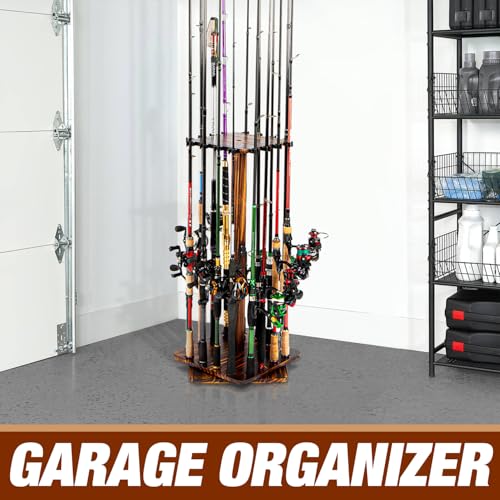 Ghosthorn Fishing Rod Holders for Garage 360 Degree Rotating Fishing Pole Rack, Floor Stand Holds up to 16 Rods Wood Fishing Gear Equipment Storage Organizer, Fishing Gifts for Men Women - style: carbonization