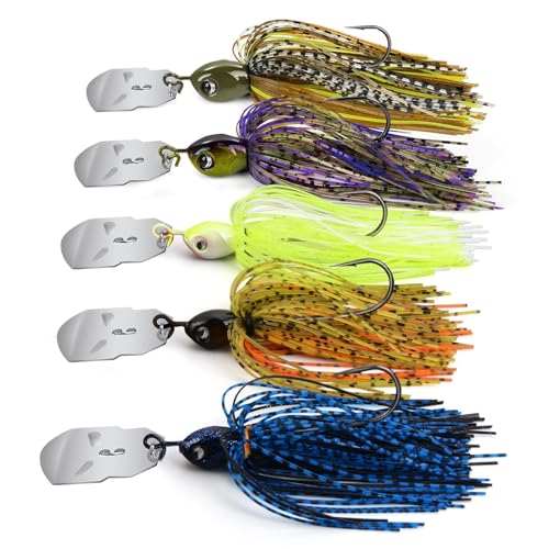 MadBite by KastKing Bladed Jig Fishing Lures, Multi-Color Kits, Irresistible Vibrating Action, Sticky-Sharp Heavy-Wire Needle Point Hooks, Popular 3/8 oz and 1/2 oz Sizes, Includes Storage Box - color: A2: 5 Pack (1/2oz) - Clear Water & Muddy Water