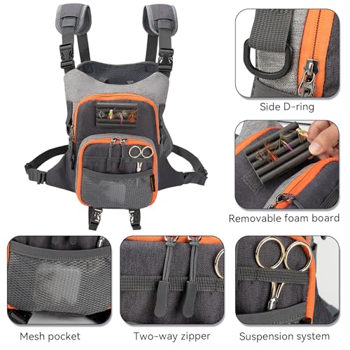 QulayQualy Fly Fishing Pack - Chest Pack with Work Station Lightweight Tackle Fishing Bag with Quick-Release - color: Orange & Grey, size: M-11''