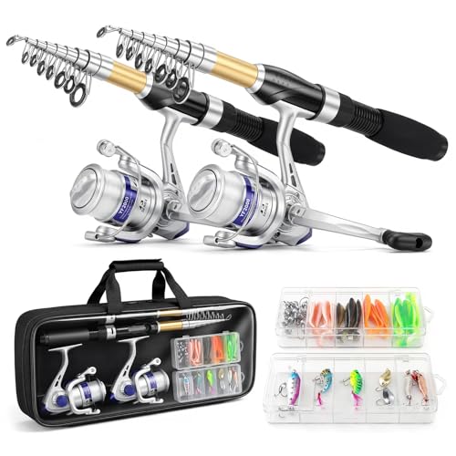 Fishing Pole Set Fishing Rod and Reel Combo,2PCS 2.1M/6.89FT Collapsible Fishing Rod Set with 2PCS Spinning Reels 2 Set of Lures Baits and a Carrier Bag,Prefect for Fishing Travel