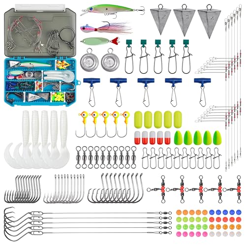 150pcs Ocean Saltwater Fishing Lures Surf Tackle Kit Fish Finder Rigs Bucktail Jig Pompano Float Pyramid Sinker Disc Weight Wire Leader Accessories
