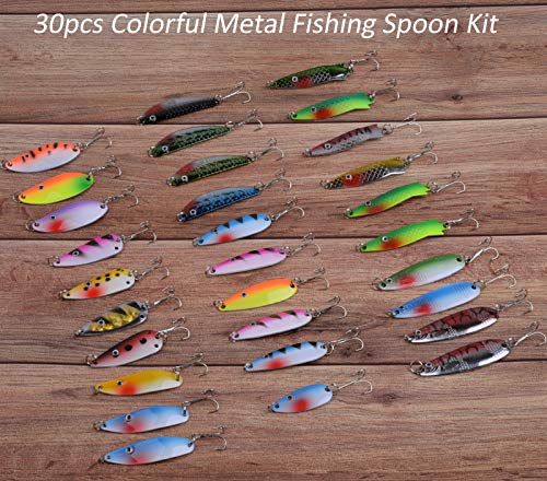 Fishing Spoons Lures Kit 30pcs Hard Metal Colorful Spinner Baits Casting Trolling Trout Spoon Fishing Lures for Bass Salmon Pike Walleye