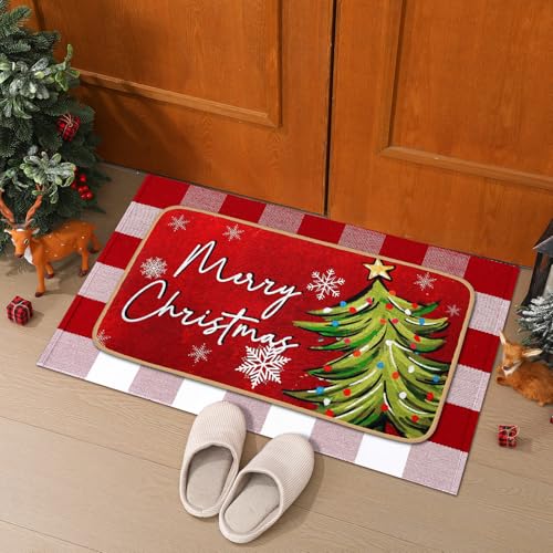 Tinideya 2 Pcs Christmas Door Mat Outdoor Whimsical Xmas Tree Front Doormat Nonslip Red and White Buffalo Plaid Layered Linen Rubber Xmas Rugs Merry Christmas Decor for Front Porch Entryway Outside - size: 16 x 28 Inch,24 x 35 Inch, style: Christmas Tree