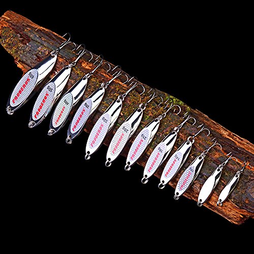 PROBEROS Fishing Spoons Lures Bass Baits Jigging Bait Tackle with Treble Hooks Hard Metal Spoon Fishing Lure Weight Pick 10 Pcs/Pack Silver Gold - color: 10PCS Silver, size: 60G-2.12oz