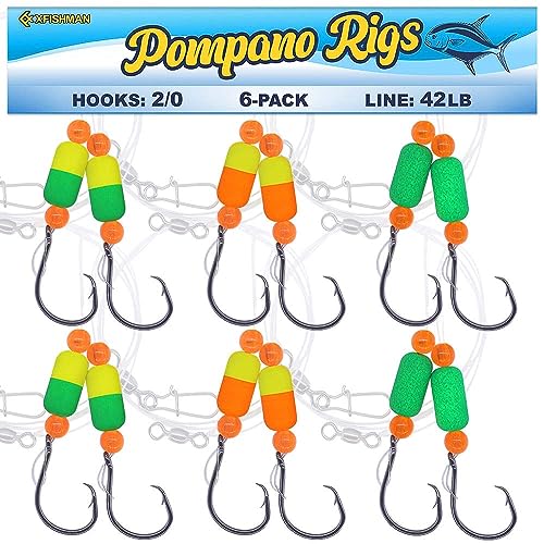 Pompano-Rigs-for-Surf-Fishing-Saltwater-Gear with Double Circle & Wide Gap Hook-6-Pack Surf Fishing Tackle - color: Mixed pack of 6 pcs in 3 colors, size: 2/0 Circle Hook