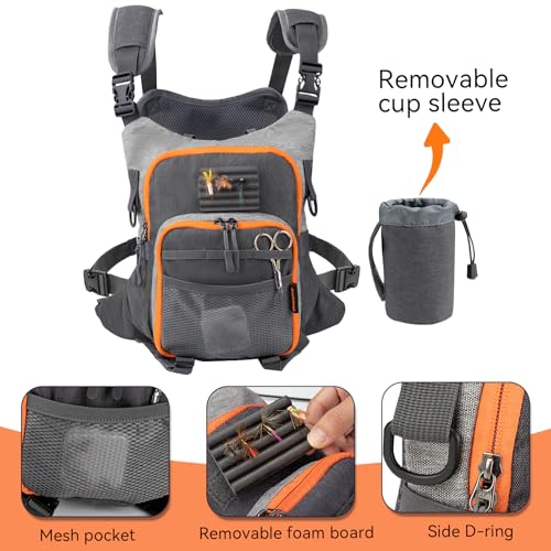 QulayQualy Fly Fishing Pack - Chest Pack with Work Station Lightweight Tackle Fishing Bag with Quick-Release - color: Orange & Grey, size: L-12''