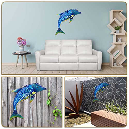 John's Studio Dolphin Wall Decor Outdoor Metal FIsh Sea Hanging Art Glass Sculptures Home Ocean Theme Decorations for Living Room, Bedroom, Yard, Fence and Patio - 17.5 Inches - color: Dolphin